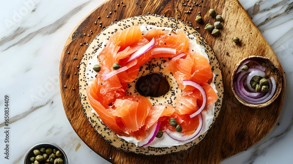 Fototapeta Bagel topped with cream cheese, smoked salmon, red onion slices, and capers on a wooden board