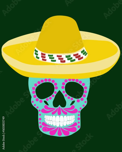 Fototapeta Day of the Dead skull with patterns and in a hat, symbol for a traditional Mexican holiday