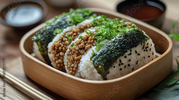 Fototapeta Assorted Onigiri Rice Balls with Seaweed and Toppings in a Wooden Bowl