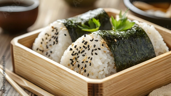 Fototapeta Sushi Rolls with Seaweed and Sesame Seeds in a Bamboo Box