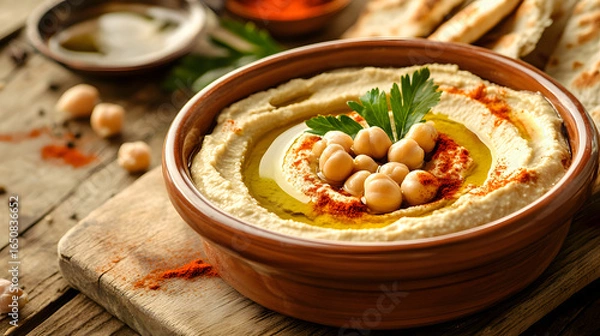 Fototapeta A bowl of creamy hummus garnished with chickpeas, olive oil, and parsley on a rustic wooden table