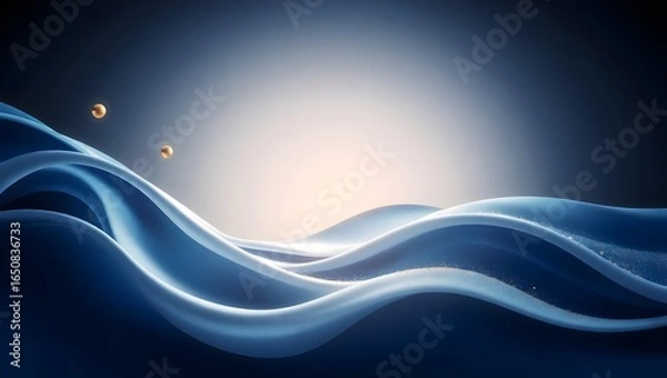 Fototapeta Smooth Flowing Deep Blue White Wave Art with Metallic Gold Spheres and Sparkle, High Resolution