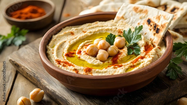 Fototapeta A bowl of creamy hummus garnished with chickpeas, parsley, and olive oil, served with pita bread on a rustic wooden table.