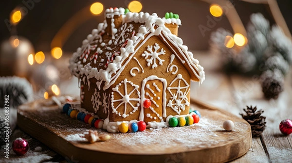 Fototapeta Decorated Gingerbread House with Snowflake Design and Colorful Candies
