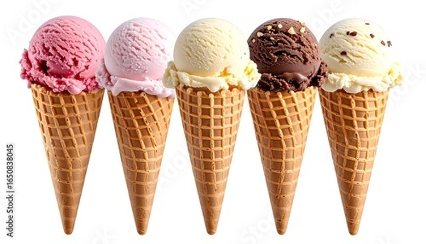 Fototapeta Five Ice Cream Cones with Flavors, and Sweet Treat.