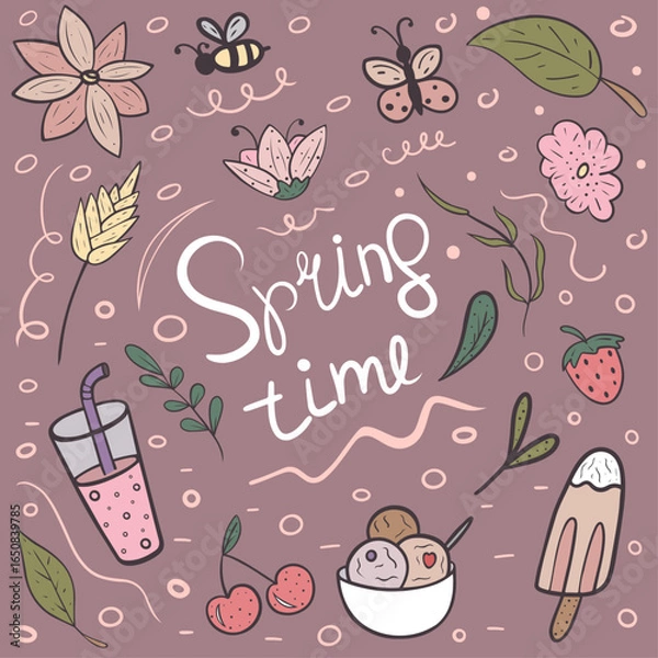 Fototapeta Bright doodle image with Spring Time lettering with decorative spring elements. Perfect for seasonal projects, cards and decor. Playful curls of letters, cute details create a spring mood.