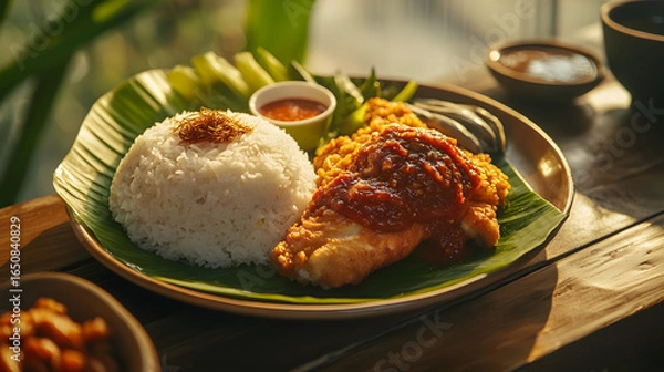 Fototapeta Traditional dish featuring rice, fried chicken with sauce, and pickles served on a banana leaf