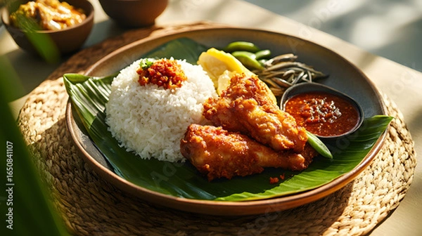 Fototapeta Fried Chicken with Rice and Sambal Sauce on Banana Leaf