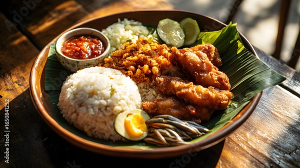 Fototapeta Traditional dish served on a banana leaf with rice, fried chicken, and condiments
