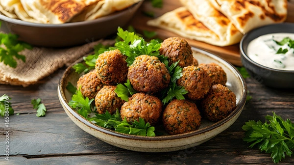 Fototapeta A plate of falafel balls garnished with parsley, served with pita bread and a side of yogurt sauce.
