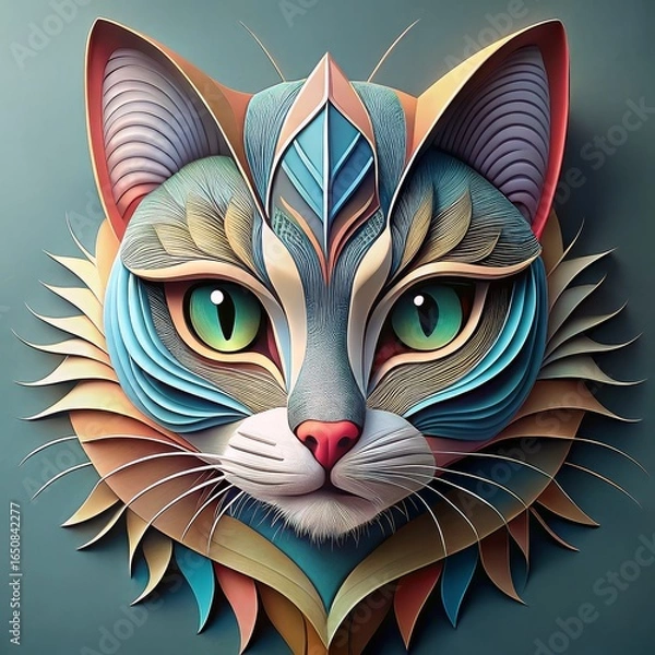 Obraz Detailed paper art cat face illustration with layered cut-out colored paper design, symmetrical handcrafted 3D style, modern playful look on soft background