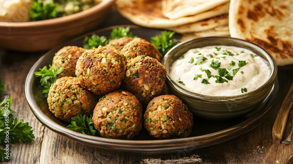 Fototapeta Falafel Balls with Tzatziki Sauce and Pita Bread on a Rustic Wooden Table