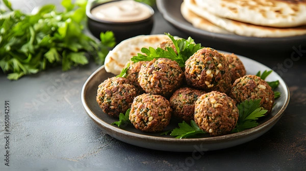 Fototapeta Freshly Prepared Falafel Balls with Parsley Garnish and Pita Bread