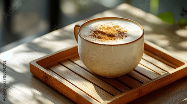 Fototapeta Cup of coffee with frothy top served on a wooden tray in natural light