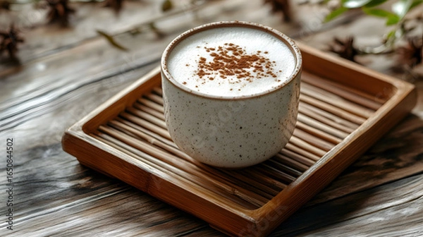 Fototapeta A creamy latte with cinnamon dusting served in a ceramic cup on a wooden tray