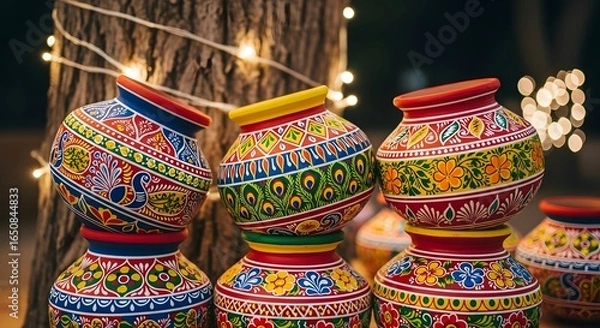 Obraz A vibrant collection of traditionally hand-painted clay pots stacked outdoors by a tree with festive lights.
