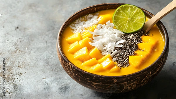 Fototapeta Mango Smoothie Bowl Topped with Coconut Flakes, Chia Seeds, and Lime Slice