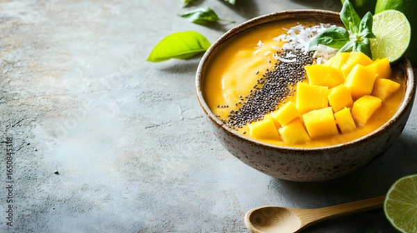 Fototapeta Mango Smoothie Bowl Topped with Chia Seeds, Fresh Mango Cubes, and Lime Garnish