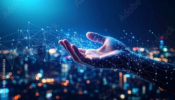 Fototapeta Hand holding digital network over city