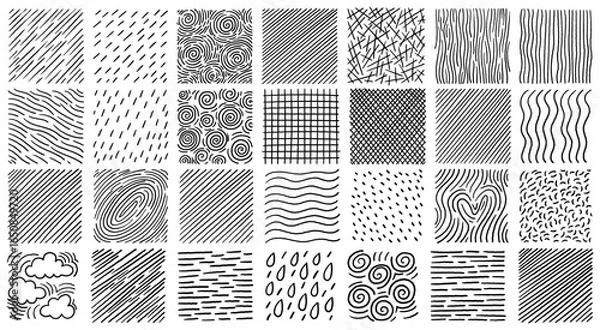 Fototapeta Mixed hand drawn crosshatch textures pack with lines swirls dots drops and fingerprint patterns
