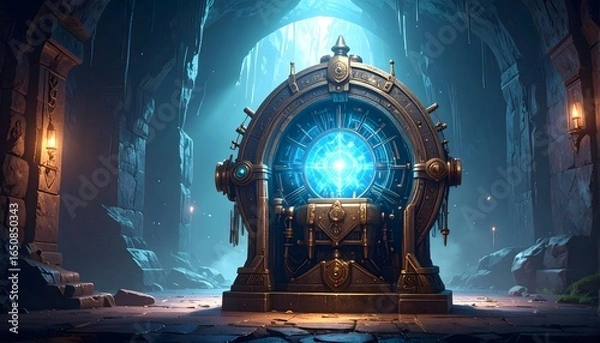 Obraz Ancient machine glowing with blue energy