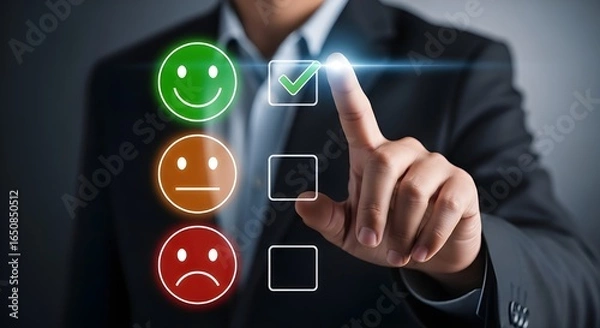 Obraz Business Professional Interacting with Holographic Customer Feedback Interface Selecting Positive Satisfaction Rating with Green Smiley