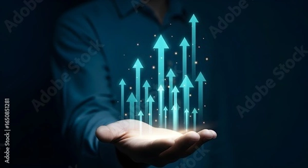 Fototapeta Futuristic image showing an open palm projecting multiple glowing turquoise arrows upward on a dark blue background, representing success, advancement, and upward momentum in business or technology.
