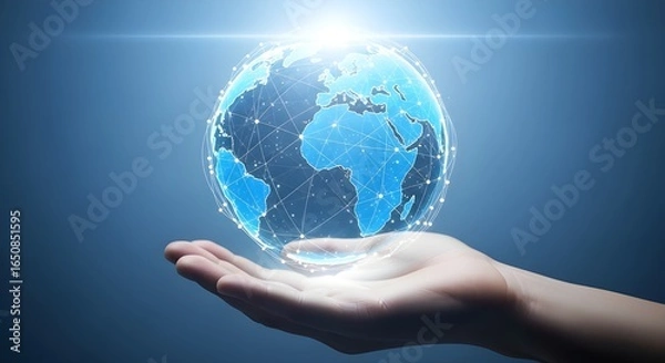 Fototapeta Photorealistic image of a softly lit hand holding a glowing digital globe with translucent blue continents and white network lines, symbolizing global connectivity and modern technology.