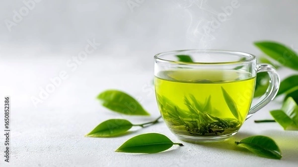 Obraz Steaming Green Tea Cup with Leaves, and Drink.