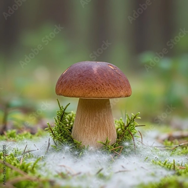 Fototapeta Forest mushrooms, Solitary Boletus Mushroom with Green Backdrop.