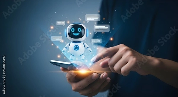 Fototapeta Futuristic photorealistic image of a person interacting with a smartphone projecting a cheerful AI chatbot, with digital dialogue bubbles and soft glowing light highlighting advanced communication 