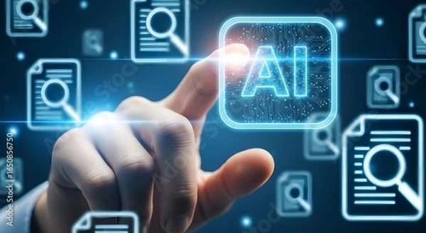 Fototapeta Futuristic close-up image of a hand interacting with a glowing blue AI icon on a digital interface, with surrounding blurred document icons, highlighting artificial intelligence