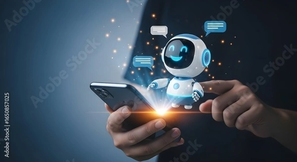 Fototapeta Photorealistic image of a person holding a smartphone with a small white and blue digital robot projecting above it, displaying a smiling face and interactive speech bubbles, AI assistance chatbot