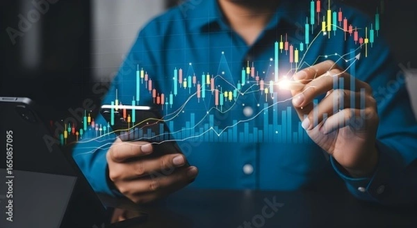 Fototapeta High-resolution image of a person using a stylus and smartphone to interact with holographic financial charts, including colorful candlestick and line graphs, illustrating mobile stock trading digital