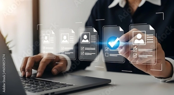 Fototapeta digital document verification, holographic workflow interface, profile approval concept, online application process, futuristic data selection, hands using stylus, laptop and hologram scene, digital c