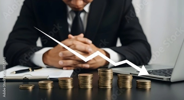 Fototapeta Dramatic image of a professional man showing frustration over declining finances, with a dark desk, descending gold coin stacks, a sharp downward arrow overlay, and blurred background highlighting