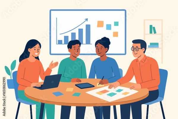 Fototapeta Flat vector illustration of office teamwork discussing project with charts and data.