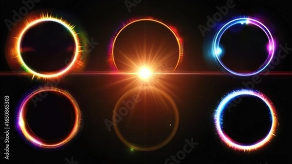 Fototapeta Colorful glowing circular frames with lens flare effects.