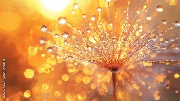 Fototapeta Dewdrops on seedhead, golden light