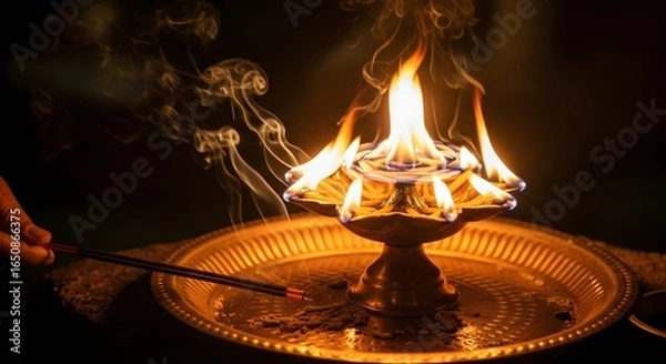 Obraz A hand lighting a traditional ornate brass oil lamp with multiple flames during a Hindu religious ceremony.