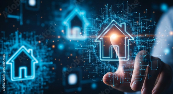 Fototapeta Photorealistic close-up of a hand interacting with a glowing blue digital smart home interface, featuring a house icon and a network of futuristic lines and dots against a dark blurred background.