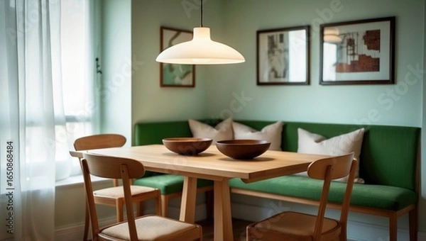 Fototapeta Cozy dining area with a wooden table, chairs, green sofa, pendant light, and framed artwork on pastel wall.