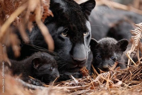 Fototapeta A panther playing with its cubs
