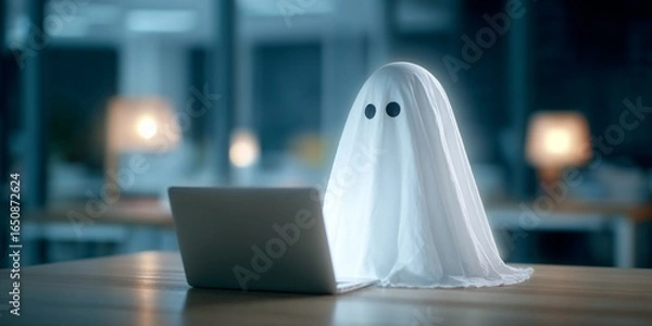 Obraz Ghost in white sheet using laptop in dark office