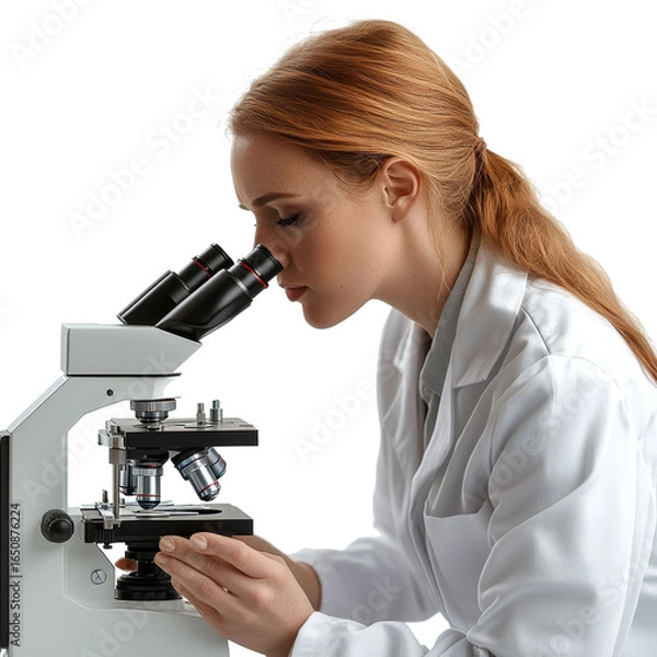 Fototapeta Caucasian female laboratory assistant or medic in white coat works examining on microscope tests or samples, medical laboratory concept, isolate on transparent white background
