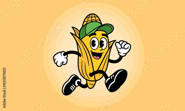 Fototapeta A vibrant cartoon corn character is joyfully running, showcasing its sporty attire and cheerful expression, making it an engaging and fun image suitable for various projects.