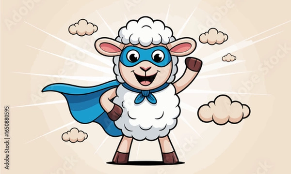 Fototapeta An energetic superhero sheep confidently waves in action, showcasing a playful spirit and engaging charm, ideal for children’s illustrations and stories.
