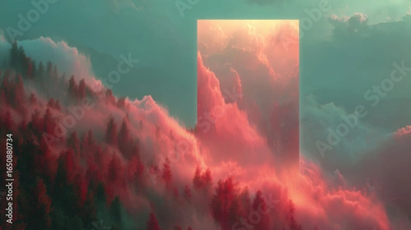 Fototapeta Surreal landscape with pink clouds and floating rectangular mirror reflecting sky, creating