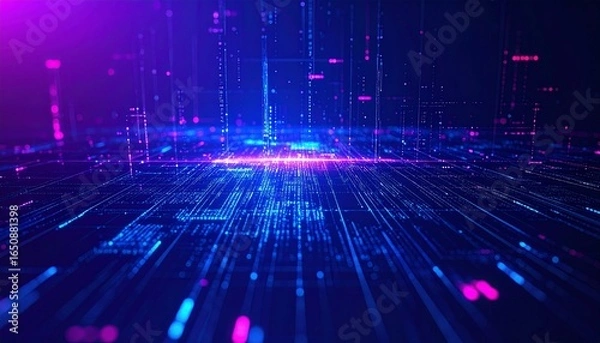 Obraz Abstract, futuristic cyberpunk background with glowing neon lines and a tech grid pattern. Perfect for digital advertising, technology, and data-themed projects