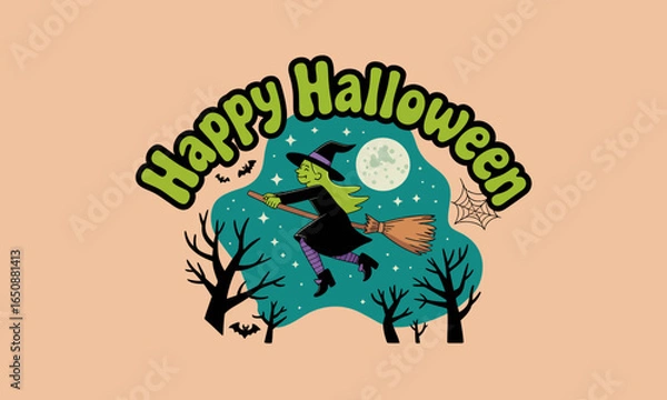 Fototapeta A playful witch riding her broom against a moonlit backdrop filled with trees and bats, this illustration captures the charm of Halloween in a whimsical and fun style.